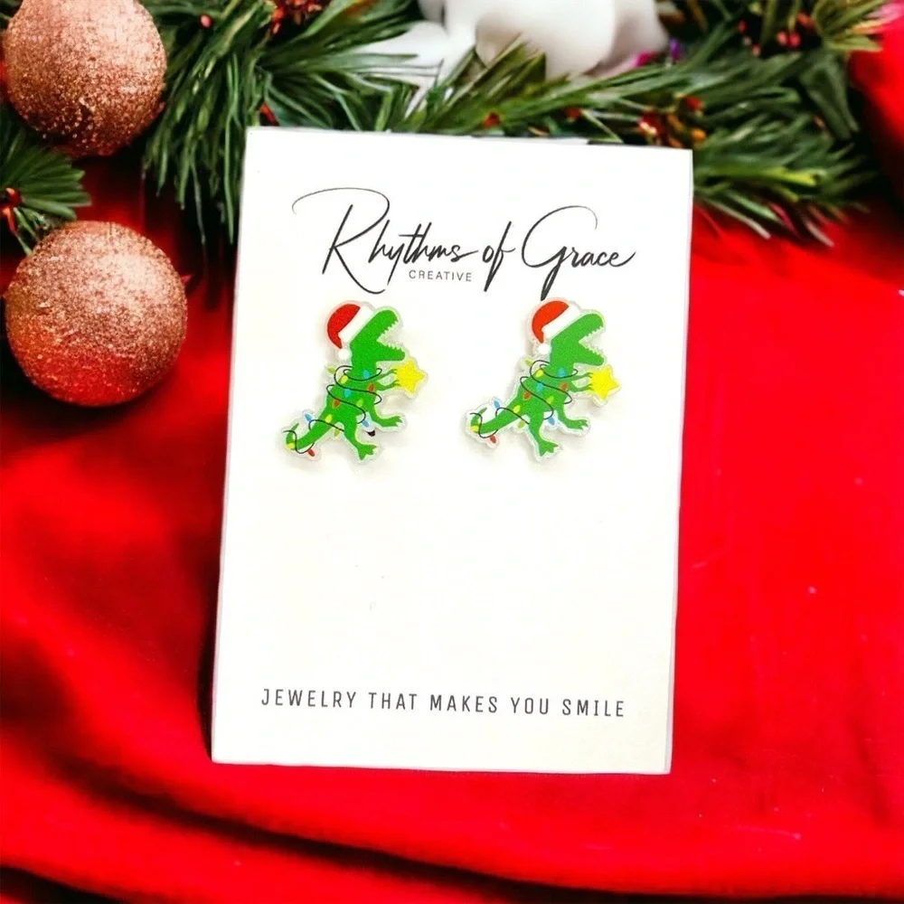 Dino-Mite Christmas Studs: Quirky Holiday Earrings for dino lovers! NWT Dinosaur